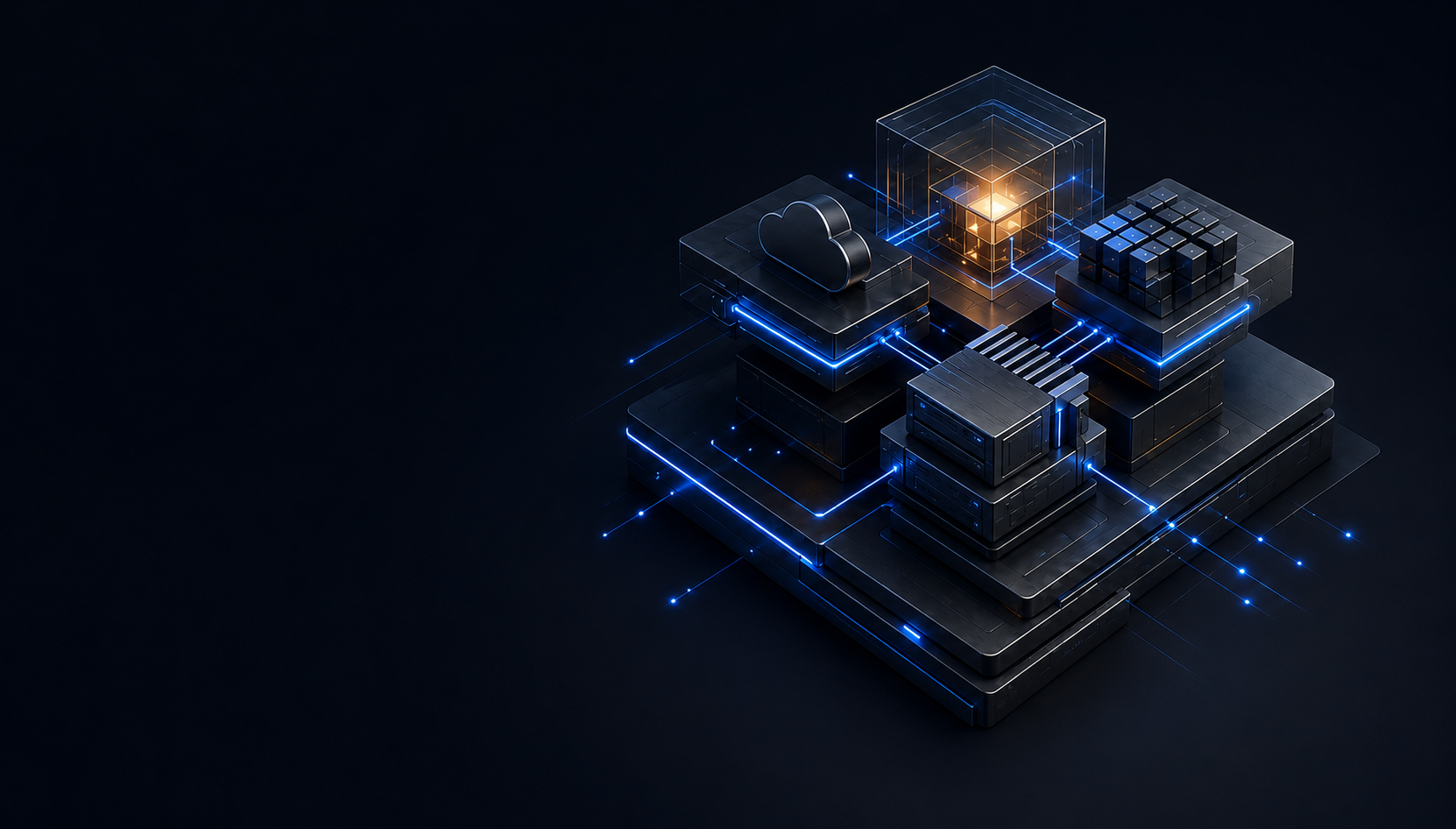An interconnected digital systems architecture representing software, cloud, AI and infrastructure